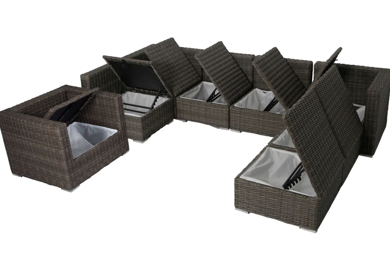 OUTFLEXX Gartenlounge, grau, Polyrattan, 8Personen, mit Sessel, verstellbare Sitzflächen, wasserfeste Kissenbox