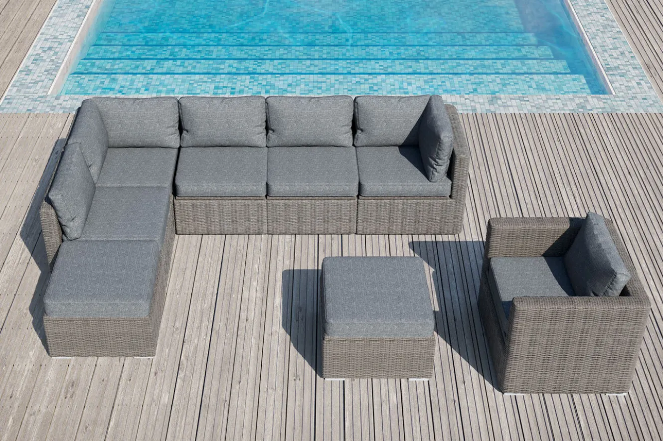 OUTFLEXX Gartenlounge, grau, Polyrattan, 8Personen, mit Sessel, verstellbare Sitzflächen, wasserfeste Kissenbox