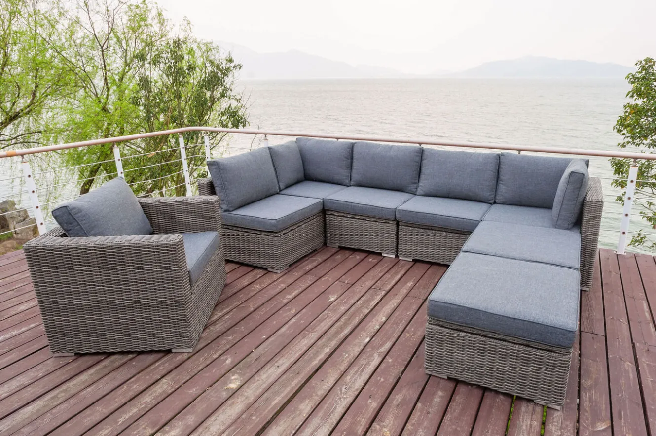 OUTFLEXX Gartenlounge, grau, Polyrattan, 8Personen, mit Sessel, verstellbare Sitzflächen, wasserfeste Kissenbox