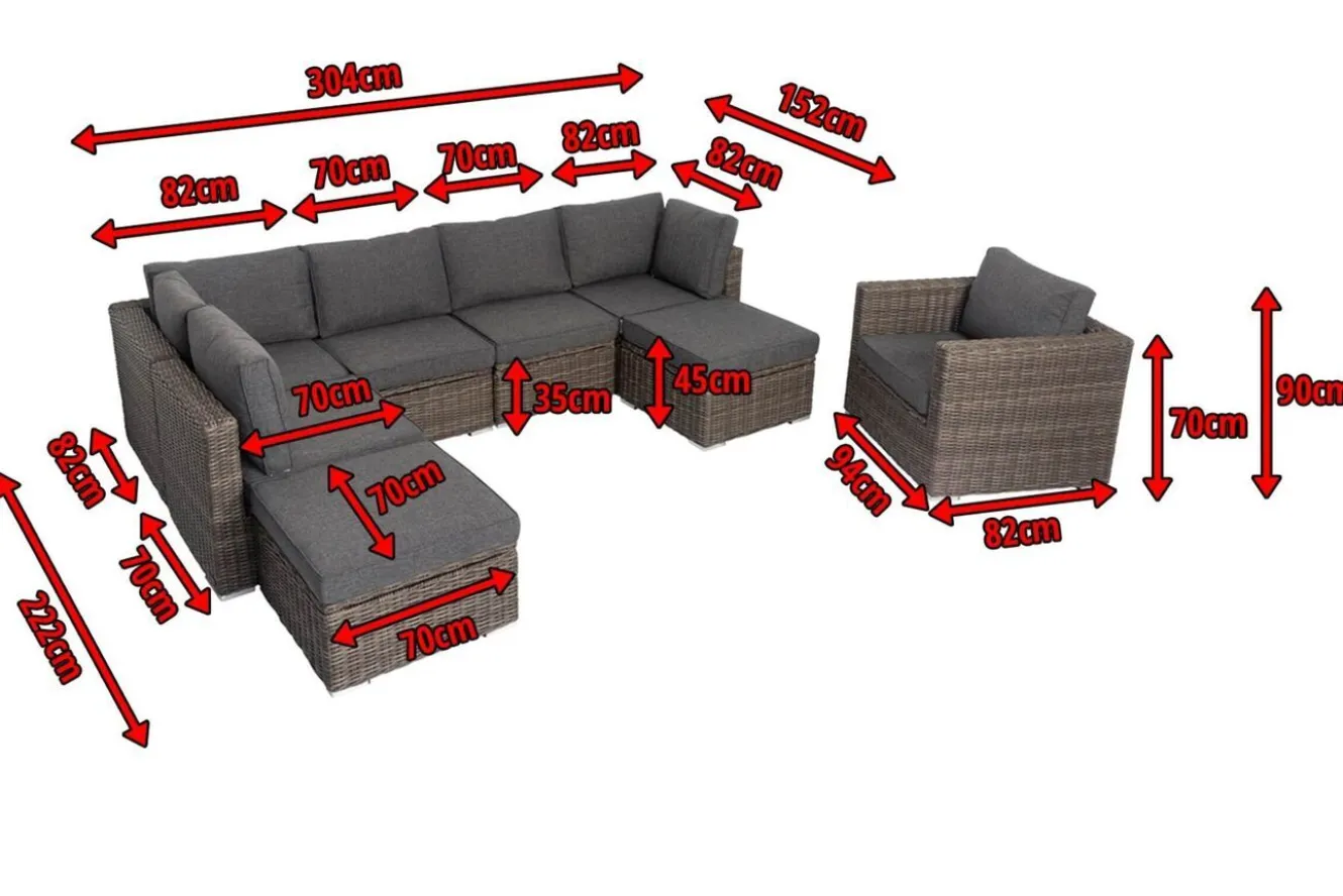 OUTFLEXX Gartenlounge, grau, Polyrattan, 8Personen, mit Sessel, verstellbare Sitzflächen, wasserfeste Kissenbox