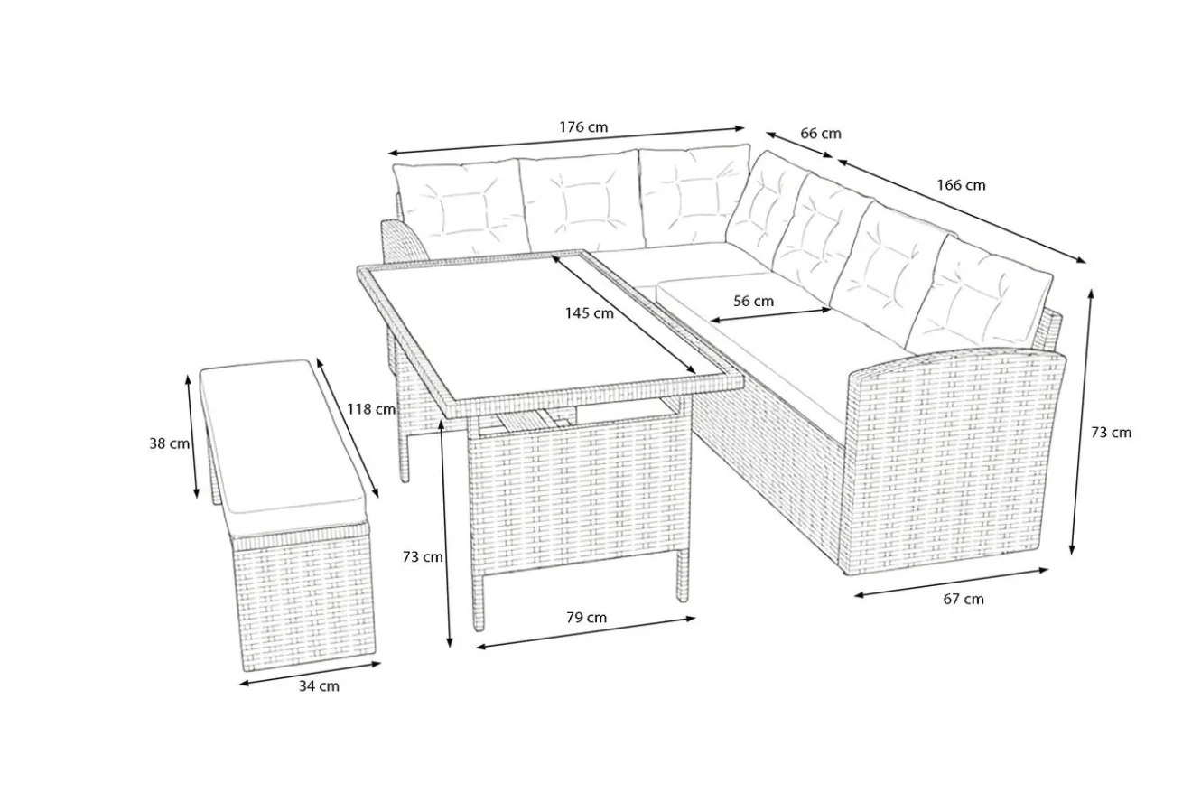 OUTFLEXX Gartenlounge, hellgrau meliert/grau, Polyrattan/Polyester, Tisch 145x79cm, 4 tlg., 7 Pers, inkl. Polster