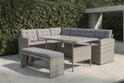 OUTFLEXX Gartenlounge, hellgrau meliert/grau, Polyrattan/Polyester, Tisch 145x79cm, 4 tlg., 7 Pers, inkl. Polster