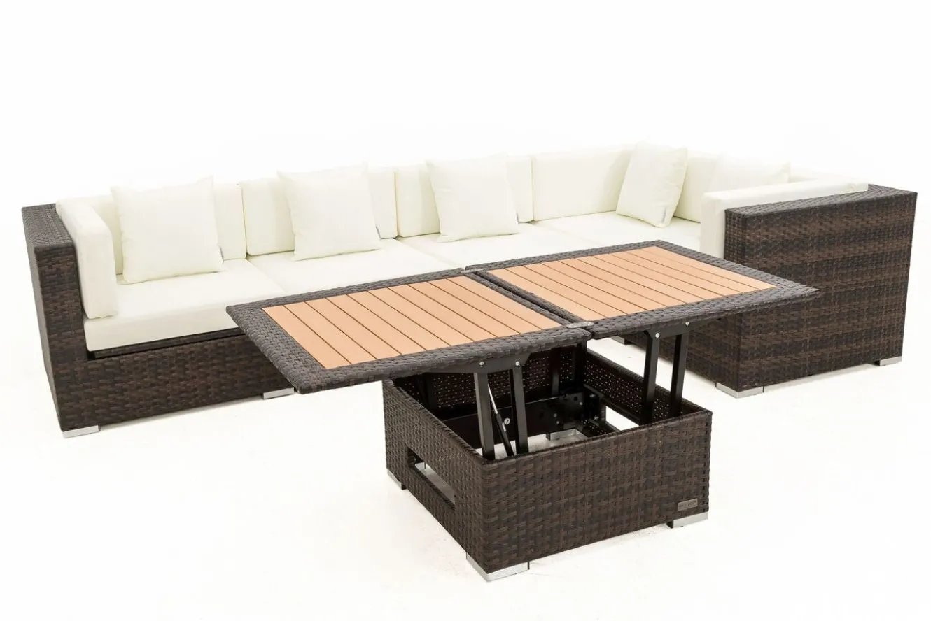 OUTFLEXX Gartenlounge, 5 Pers, braun marmoriert, Polyrattan, wasserfeste Kissenbox, inkl. Loungetisch