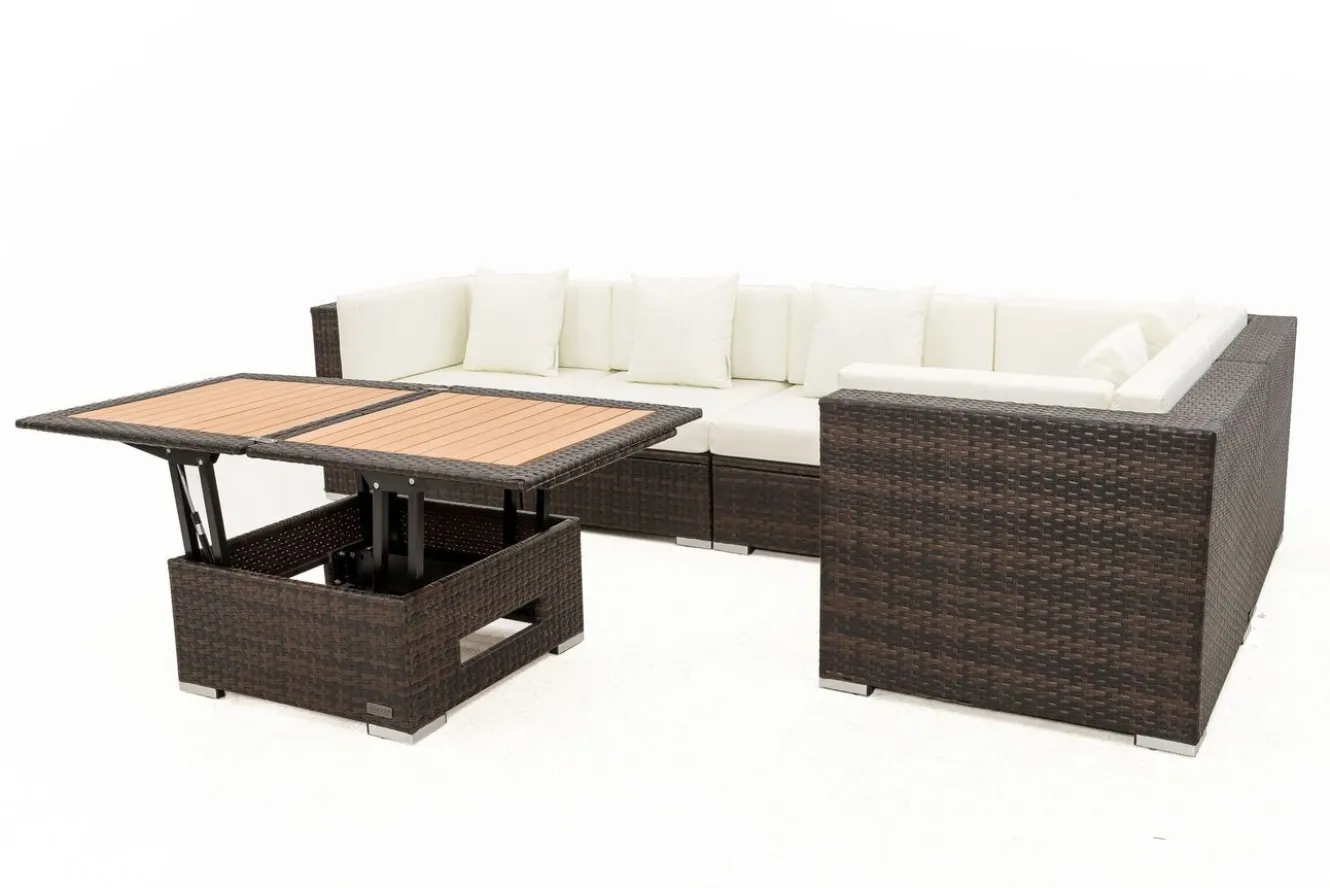 OUTFLEXX Gartenlounge, 5 Pers, braun marmoriert, Polyrattan, wasserfeste Kissenbox, inkl. Loungetisch