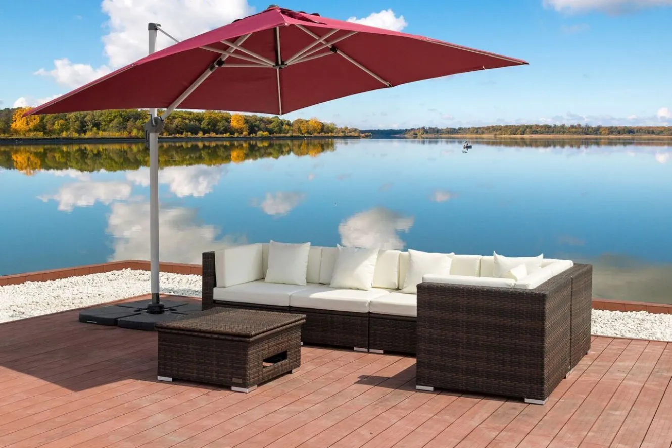 OUTFLEXX Gartenlounge, 5 Pers, braun marmoriert, Polyrattan, wasserfeste Kissenbox, inkl. Loungetisch