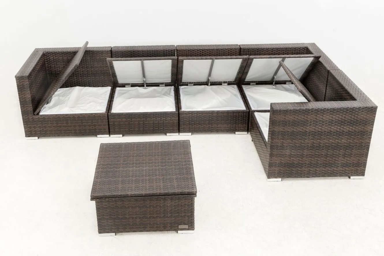 OUTFLEXX Gartenlounge, 5 Pers, braun marmoriert, Polyrattan, wasserfeste Kissenbox, inkl. Loungetisch