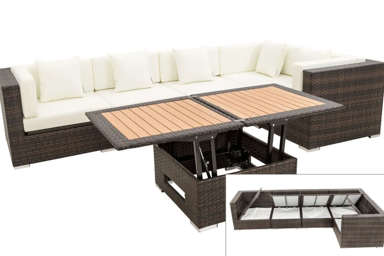 OUTFLEXX Gartenlounge, 5 Pers, braun marmoriert, Polyrattan, wasserfeste Kissenbox, inkl. Loungetisch