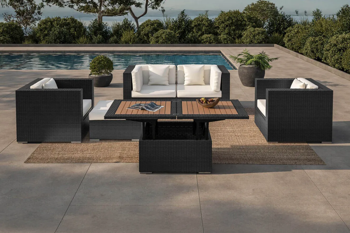 OUTFLEXX Gartenlounge, 5 Personen, creme/weiß, schwarz, Polyrattan, inkl. Loungetisch, wasserfeste Kissenbox