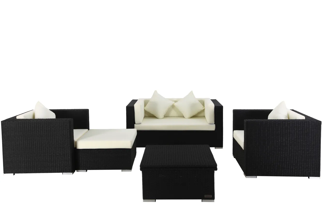 OUTFLEXX Gartenlounge, 5 Personen, creme/weiß, schwarz, Polyrattan, inkl. Loungetisch, wasserfeste Kissenbox