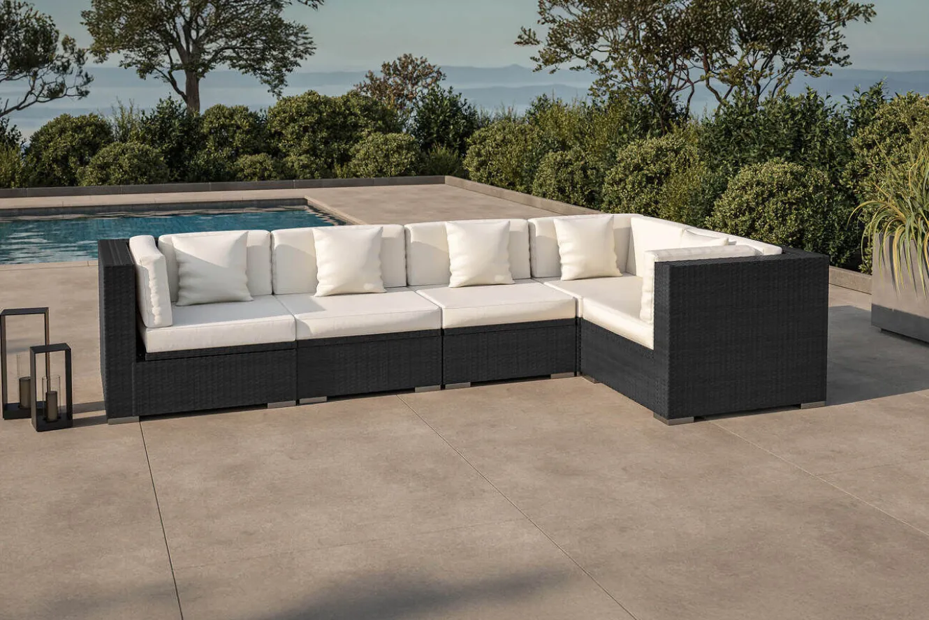 OUTFLEXX Gartenlounge Polyrattan, creme/weiß, schwarz, für 5 Personen, wasserfeste Kissenbox