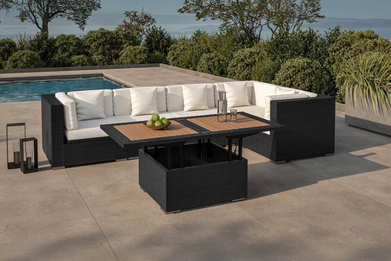 OUTFLEXX Gartenlounge Polyrattan, creme/weiß, schwarz, für 5 Personen, inkl. Loungetisch, wasserfeste Kissenbox