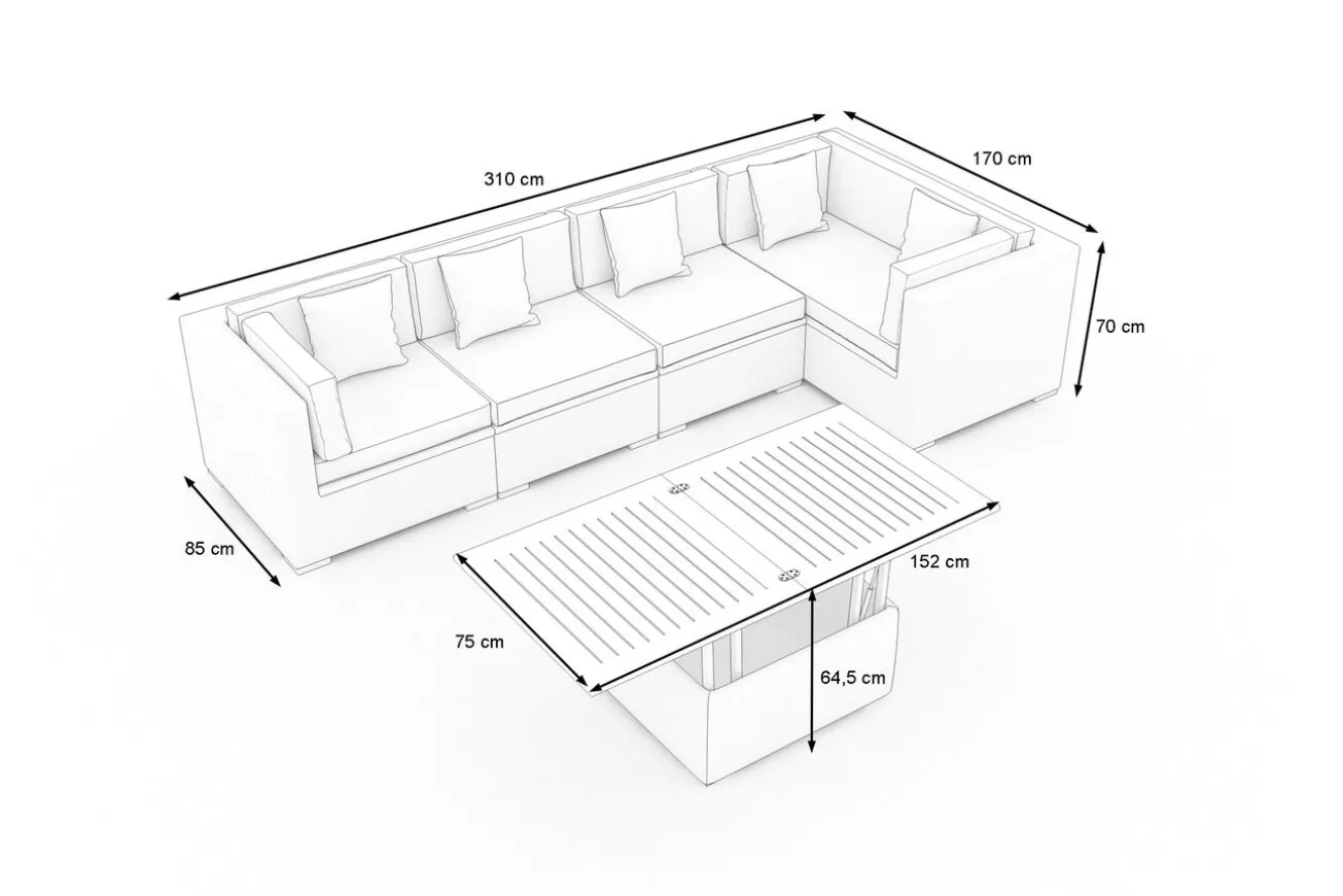 OUTFLEXX Gartenlounge Polyrattan, creme/weiß, schwarz, für 5 Personen, inkl. Loungetisch, wasserfeste Kissenbox