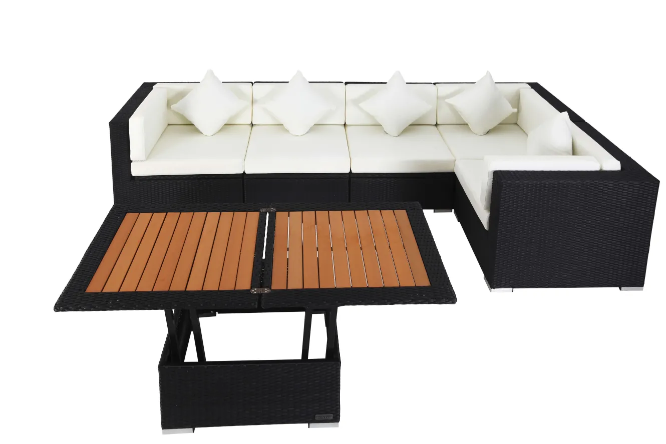 OUTFLEXX Gartenlounge Polyrattan, creme/weiß, schwarz, für 5 Personen, inkl. Loungetisch, wasserfeste Kissenbox