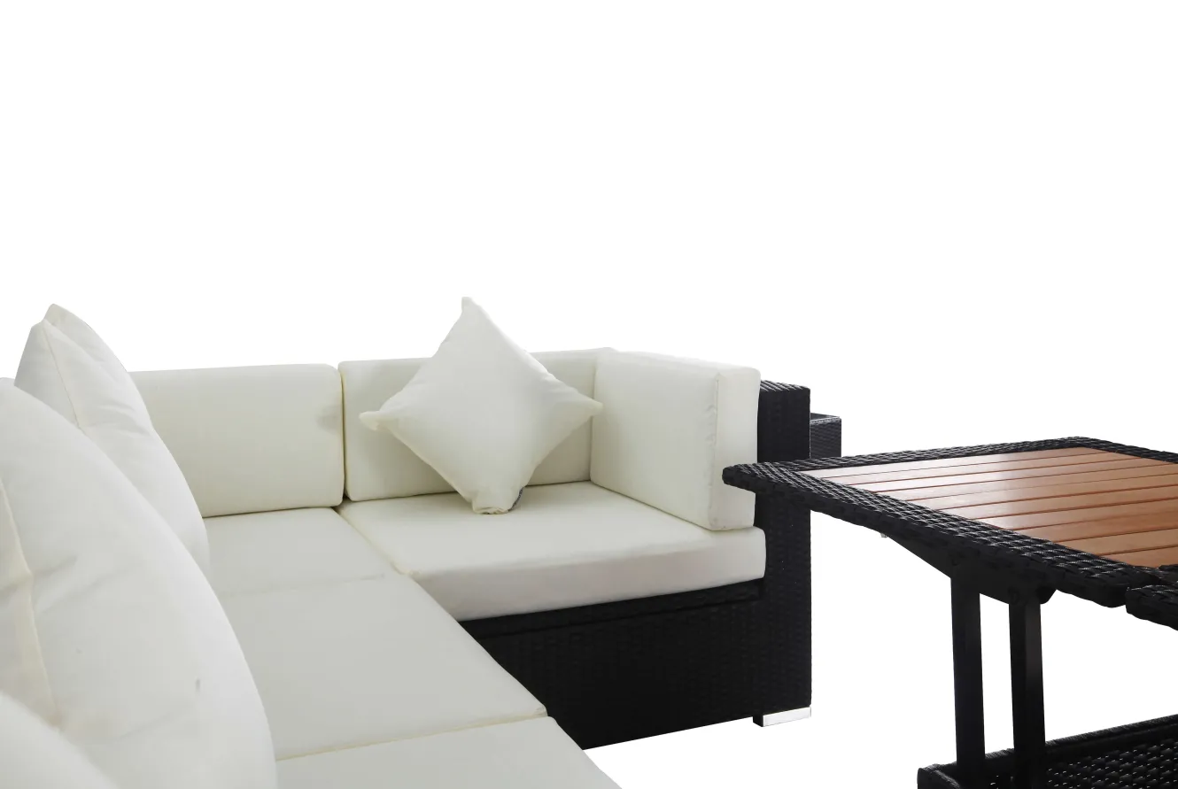 OUTFLEXX Gartenlounge Polyrattan, creme/weiß, schwarz, für 5 Personen, inkl. Loungetisch, wasserfeste Kissenbox
