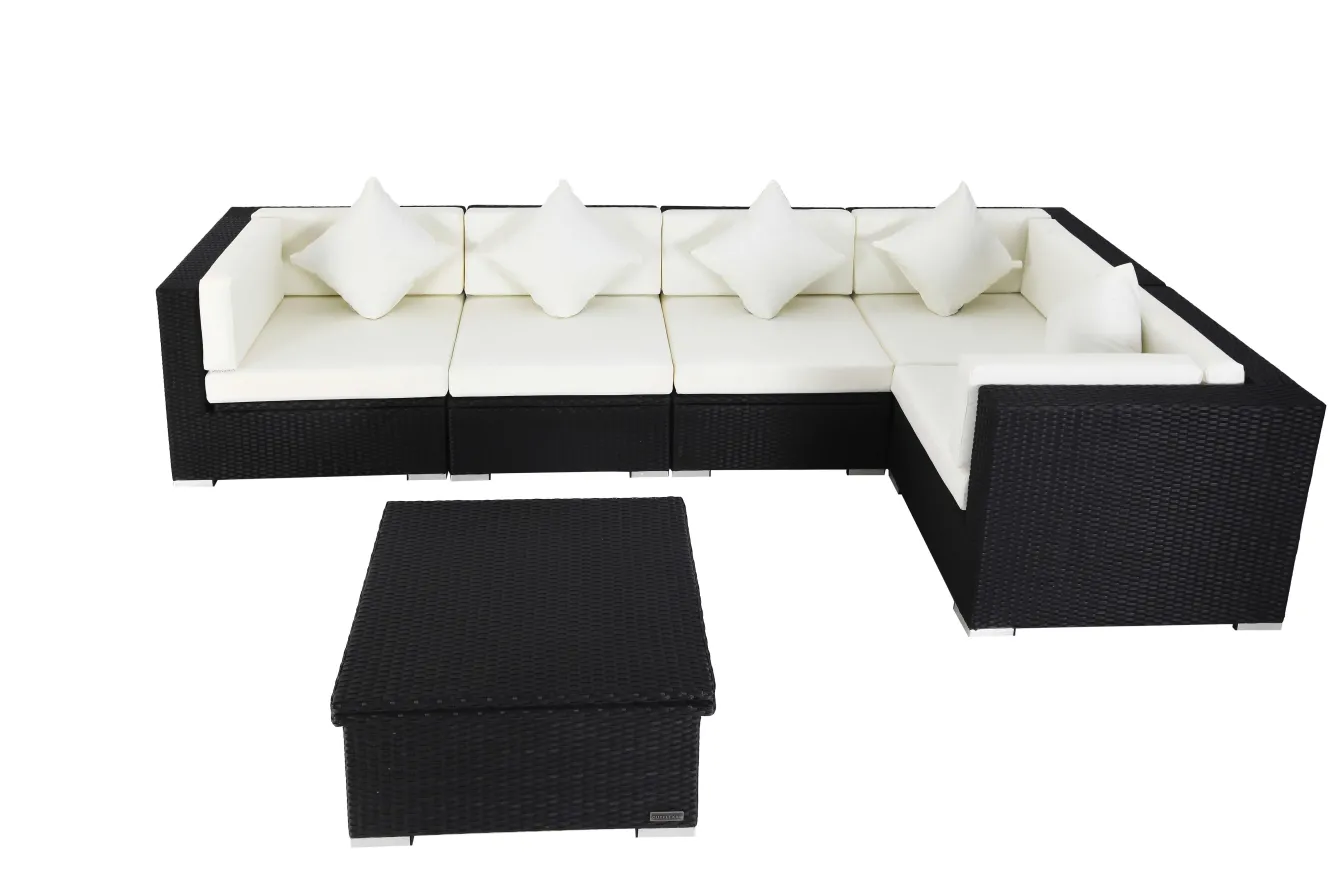 OUTFLEXX Gartenlounge Polyrattan, creme/weiß, schwarz, für 5 Personen, inkl. Loungetisch, wasserfeste Kissenbox