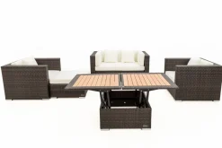 OUTFLEXX Gartenlounge, Polyrattan, braun marmoriert, 5 Pers, wasserfeste Kissenbox, inkl. Loungetisch