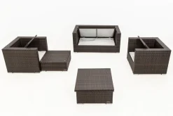 OUTFLEXX Gartenlounge, Polyrattan, braun marmoriert, 5 Pers, wasserfeste Kissenbox, inkl. Loungetisch