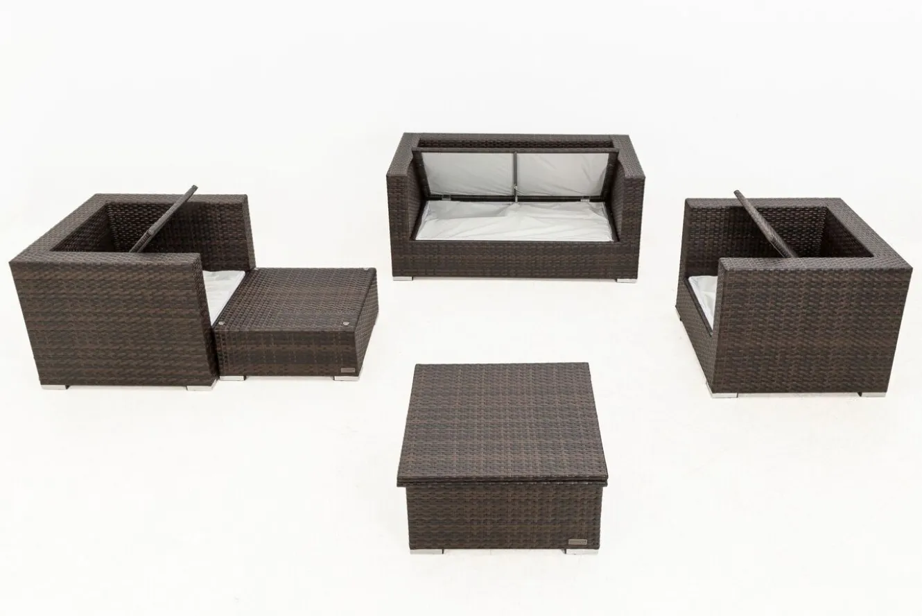 OUTFLEXX Gartenlounge, Polyrattan, braun marmoriert, 5 Pers, wasserfeste Kissenbox, inkl. Loungetisch