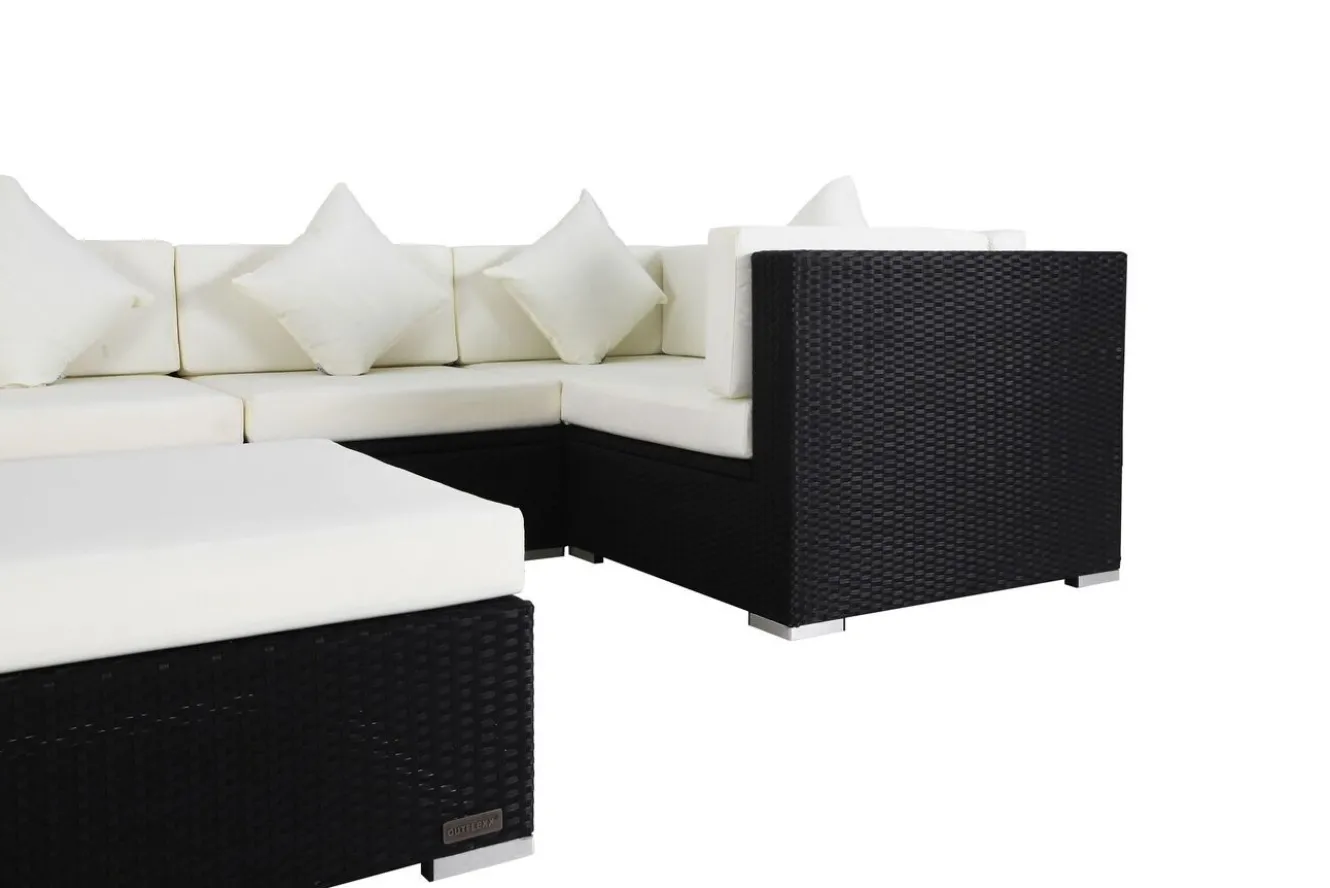 OUTFLEXX Gartenlounge Polyrattan, creme/weiß, schwarz, für 5 Personen, inkl. Kaffeetisch, wasserfeste Kissenbox