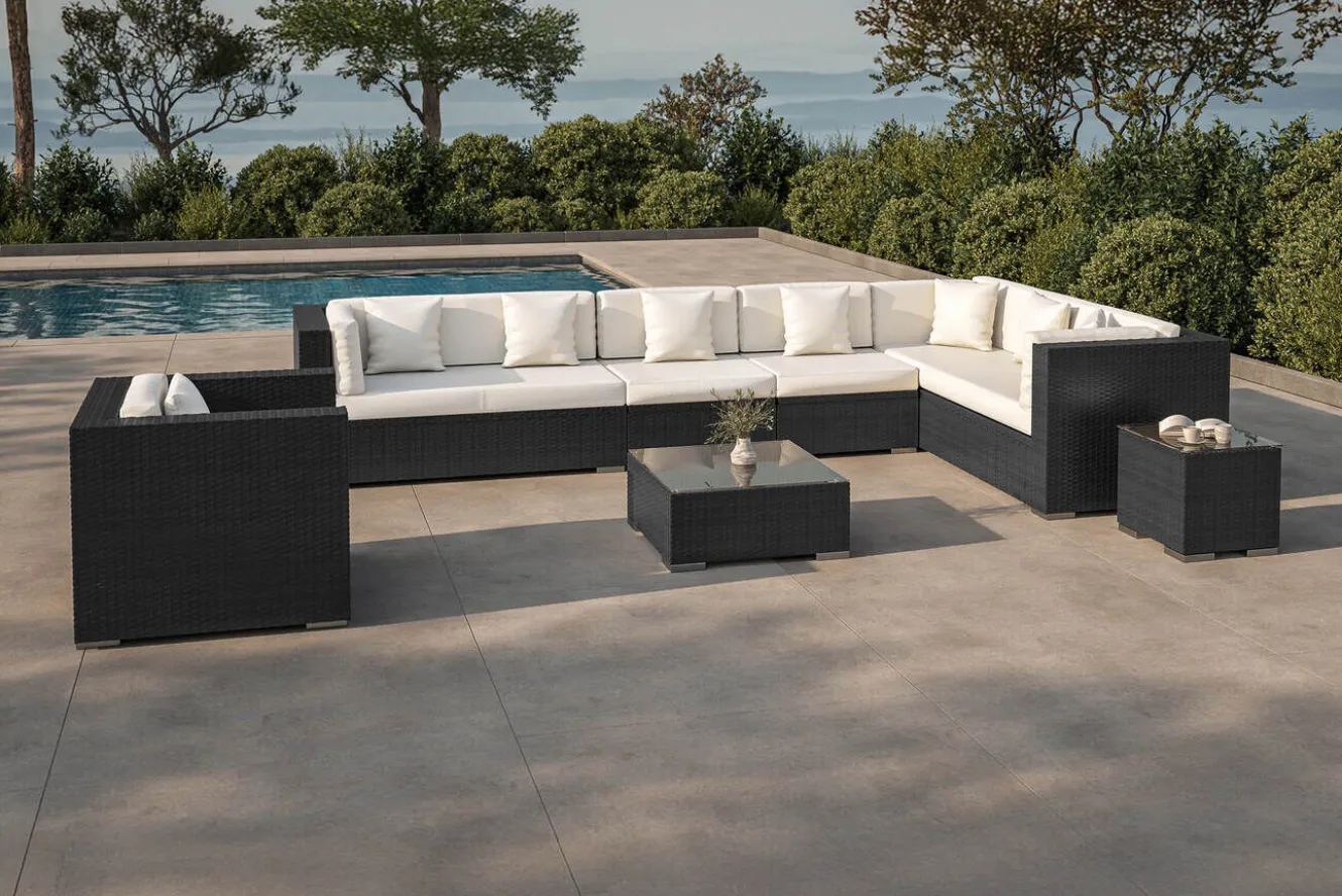 OUTFLEXX Gartenlounge, schwarz, Polyrattan, für 8 Personen, inkl. Kaffeetisch, wasserfeste Kissenbox