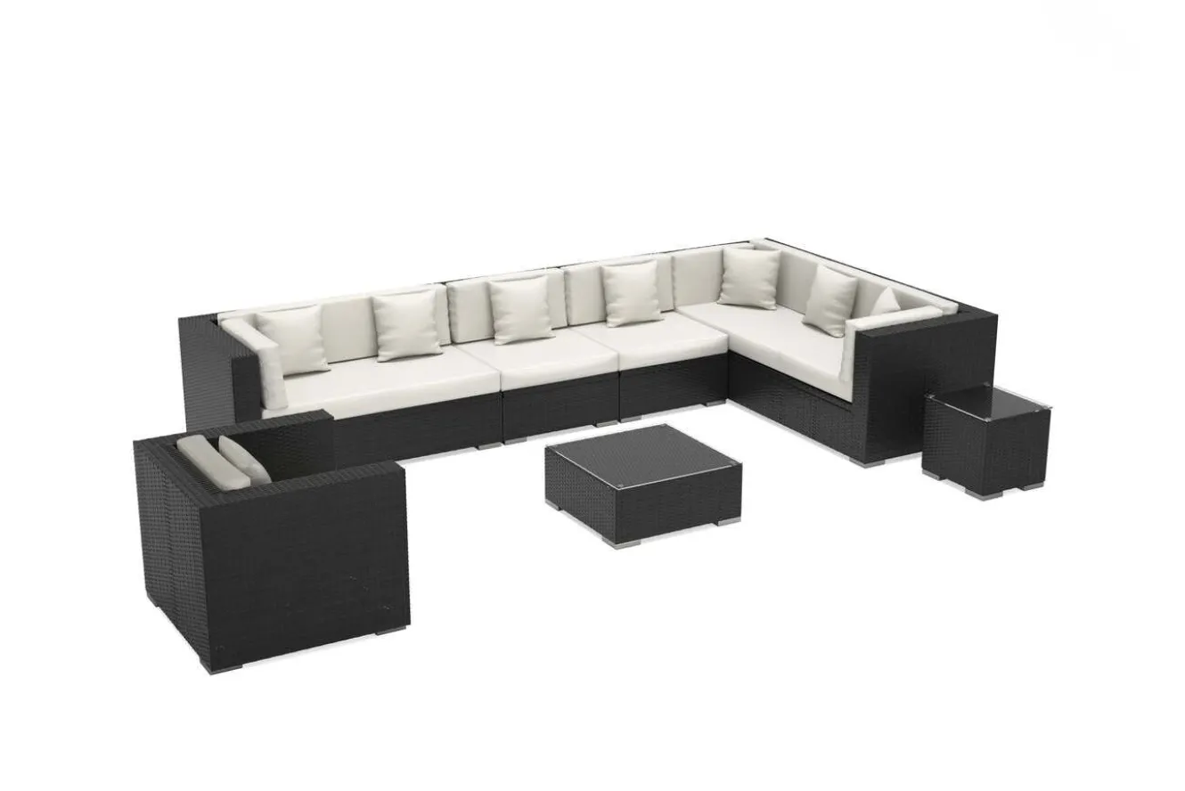 OUTFLEXX Gartenlounge, schwarz, Polyrattan, für 8 Personen, inkl. Kaffeetisch, wasserfeste Kissenbox