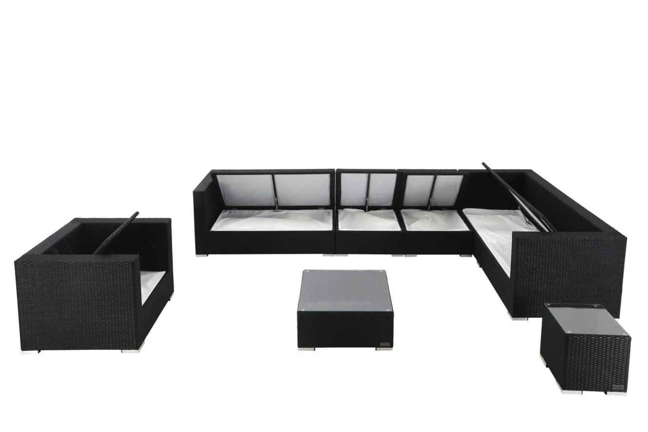 OUTFLEXX Gartenlounge, schwarz, Polyrattan, für 8 Personen, inkl. Kaffeetisch, wasserfeste Kissenbox