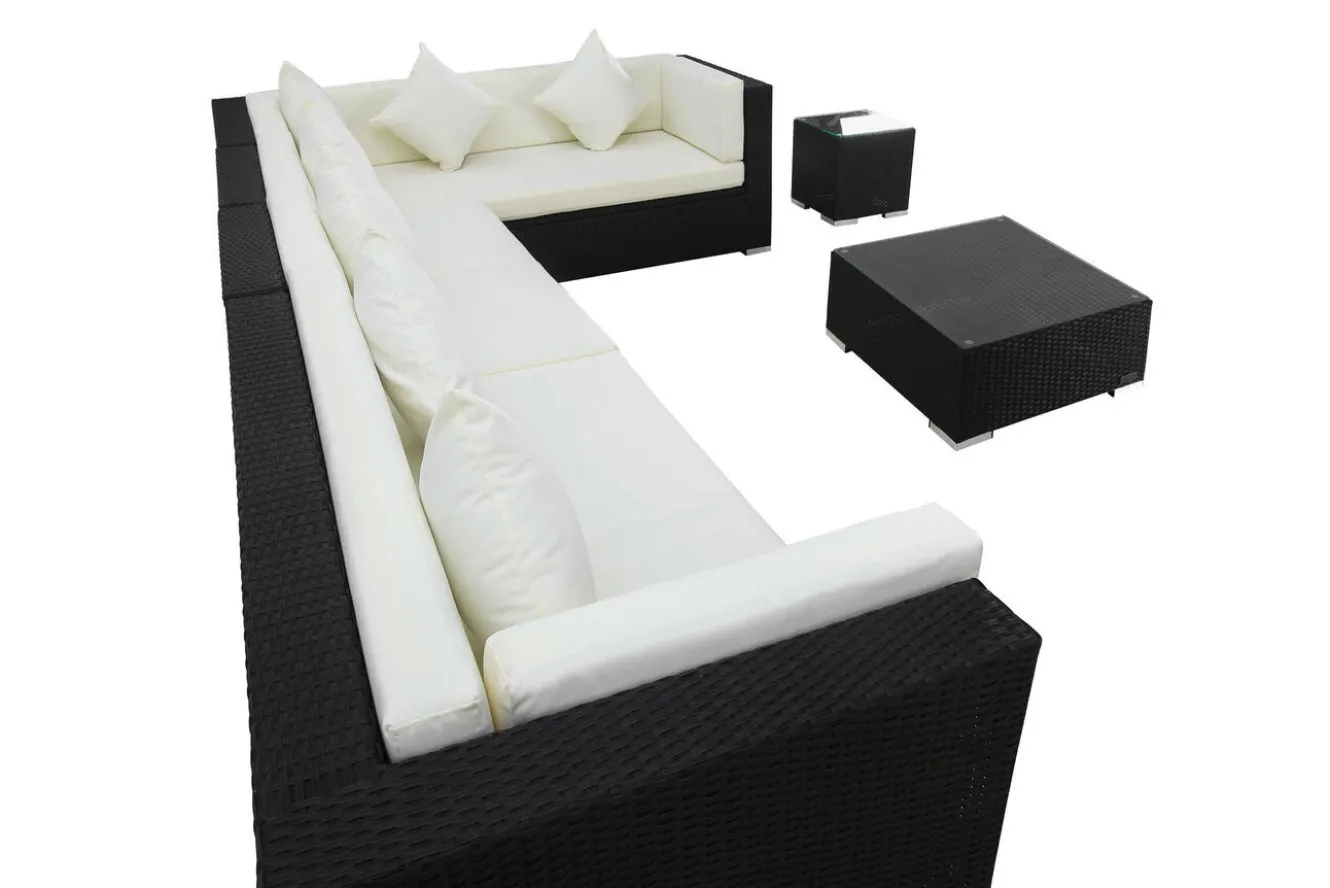OUTFLEXX Gartenlounge, schwarz, Polyrattan, für 8 Personen, inkl. Kaffeetisch, wasserfeste Kissenbox