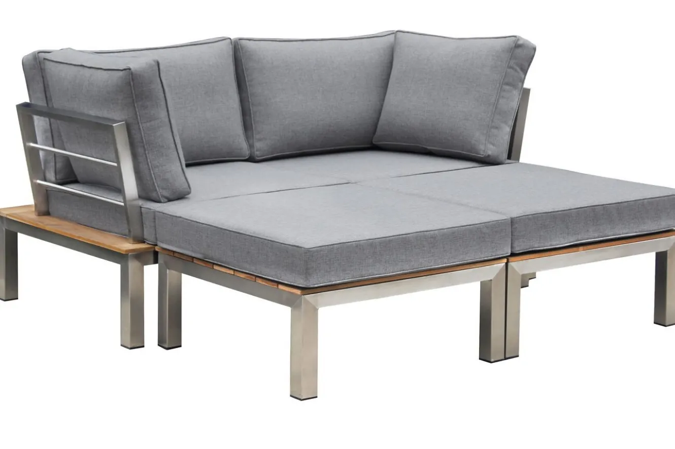 OUTFLEXX Gartenlounge, silber/grau, Edelstahl/Teakholz/Textil, für 2 Personen, Liegefunktion, FSC®-zertifiziertes Produkt