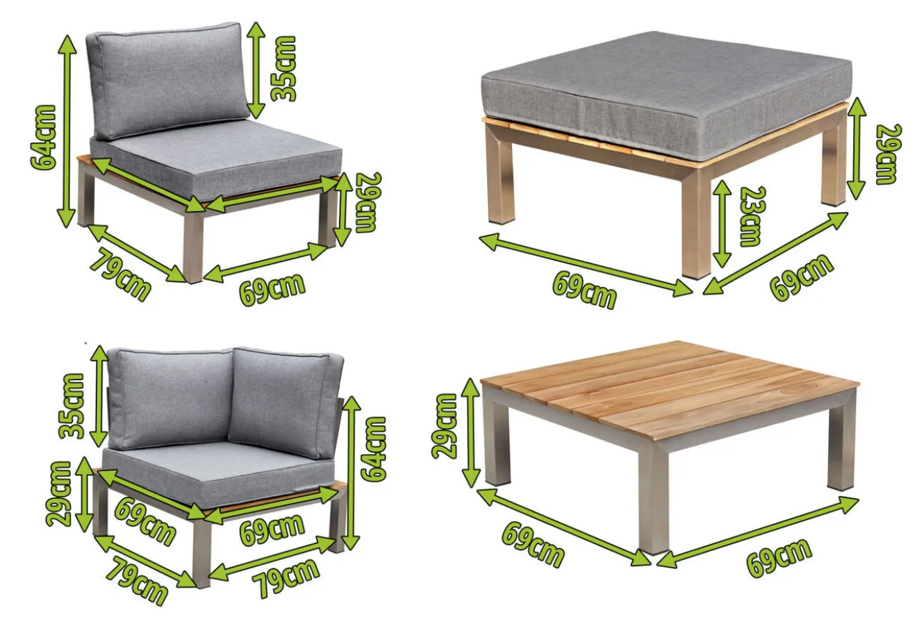 OUTFLEXX Gartenlounge, silber/grau, Edelstahl/Teakholz/Textil, für 4 Personen, inkl. Beistelltisch, FSC®-zertifiziertes Produkt