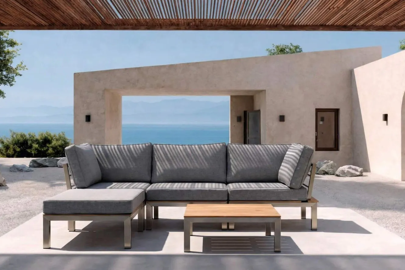 OUTFLEXX Gartenlounge, silber/grau, Edelstahl/Teakholz/Textil, für 4 Personen, inkl. Beistelltisch, FSC®-zertifiziertes Produkt