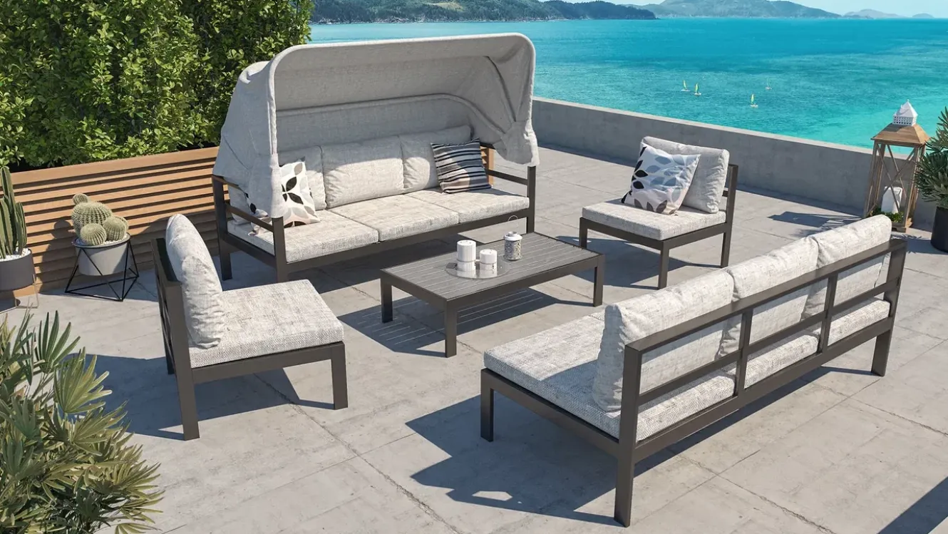 OUTFLEXX Gartenlounge 5-teilig, schwarz/grau, Aluminium, pflegeleicht, mit Reißverschluss, UV-beständig, wasserabweisend