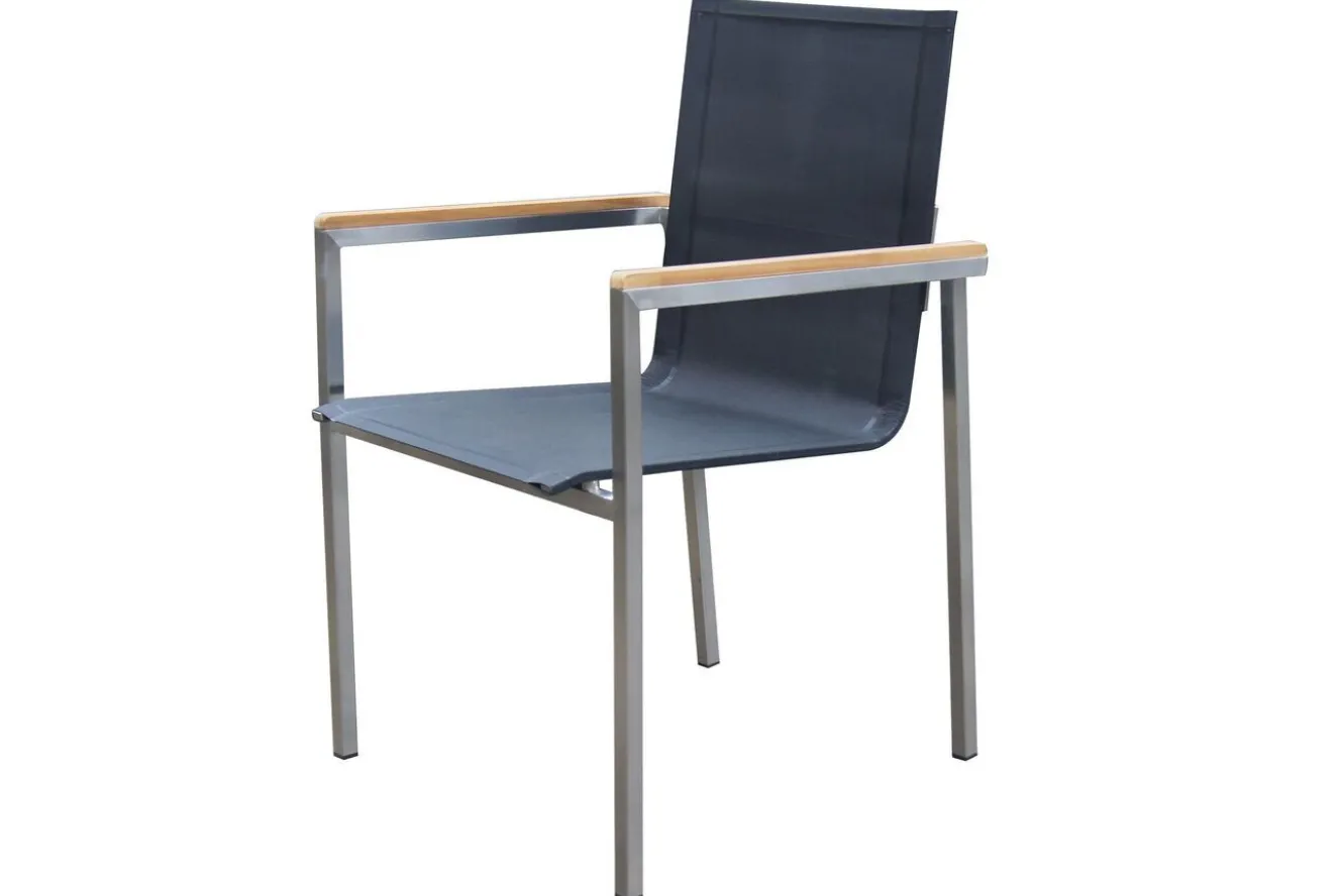 OUTFLEXX Gartensessel, schwarz, Edelstahl/Textilene, Armlehnen aus Teak, 56x67x88cm