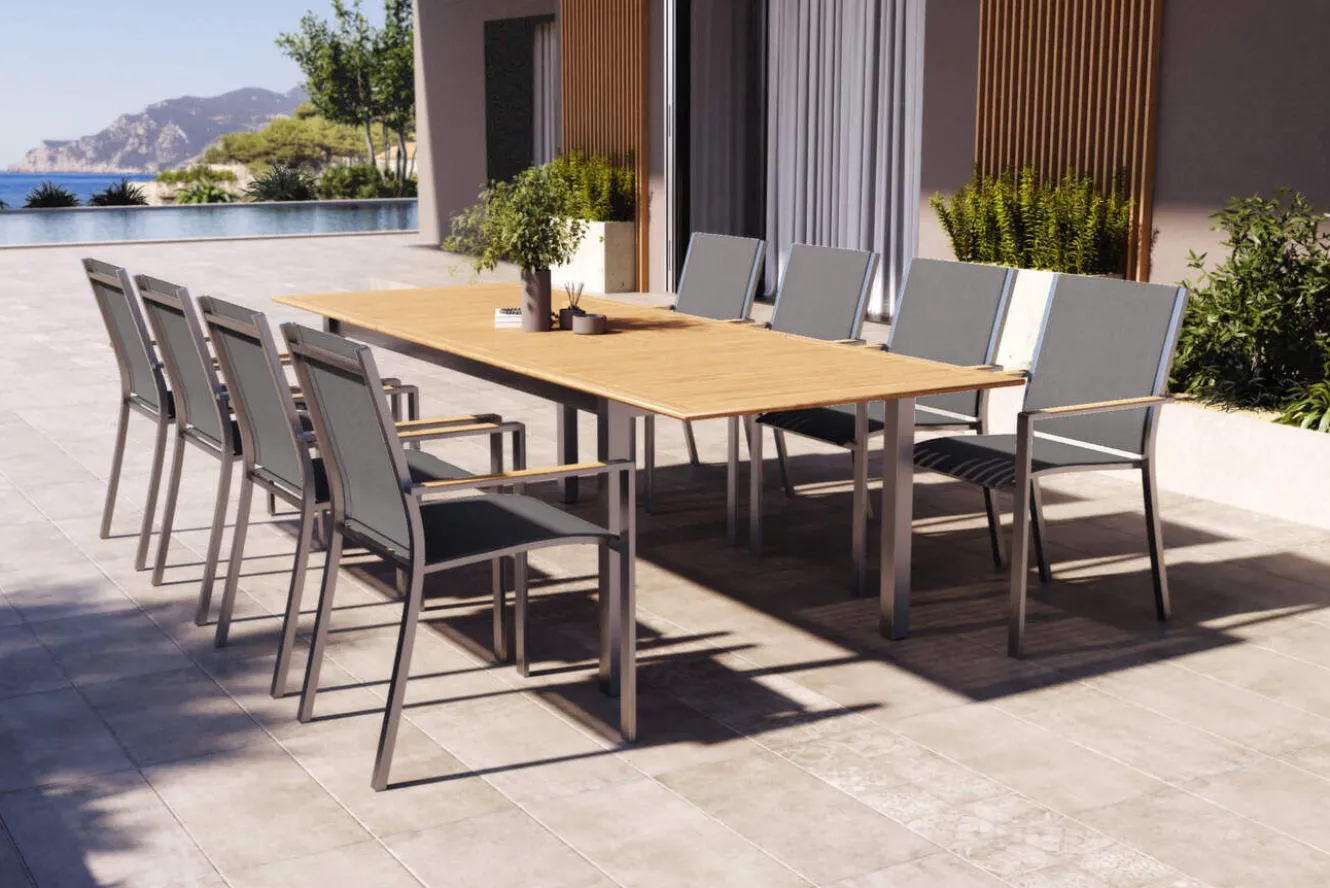 OUTFLEXX Glasgow Garten-Essgruppe für 8 Personen, Edelstahl/Textilene, ausziehbarer Tisch 200/300 x 100 cm, stapelbare Sessel, FSC®-zertifiziertes Produkt