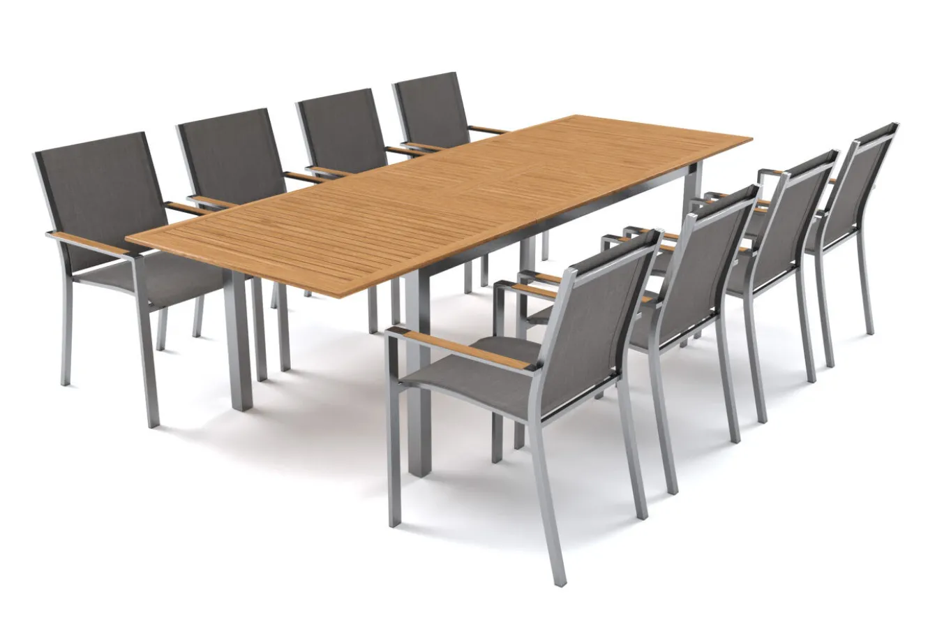 OUTFLEXX Glasgow Garten-Essgruppe für 8 Personen, Edelstahl/Textilene, ausziehbarer Tisch 200/300 x 100 cm, stapelbare Sessel, FSC®-zertifiziertes Produkt
