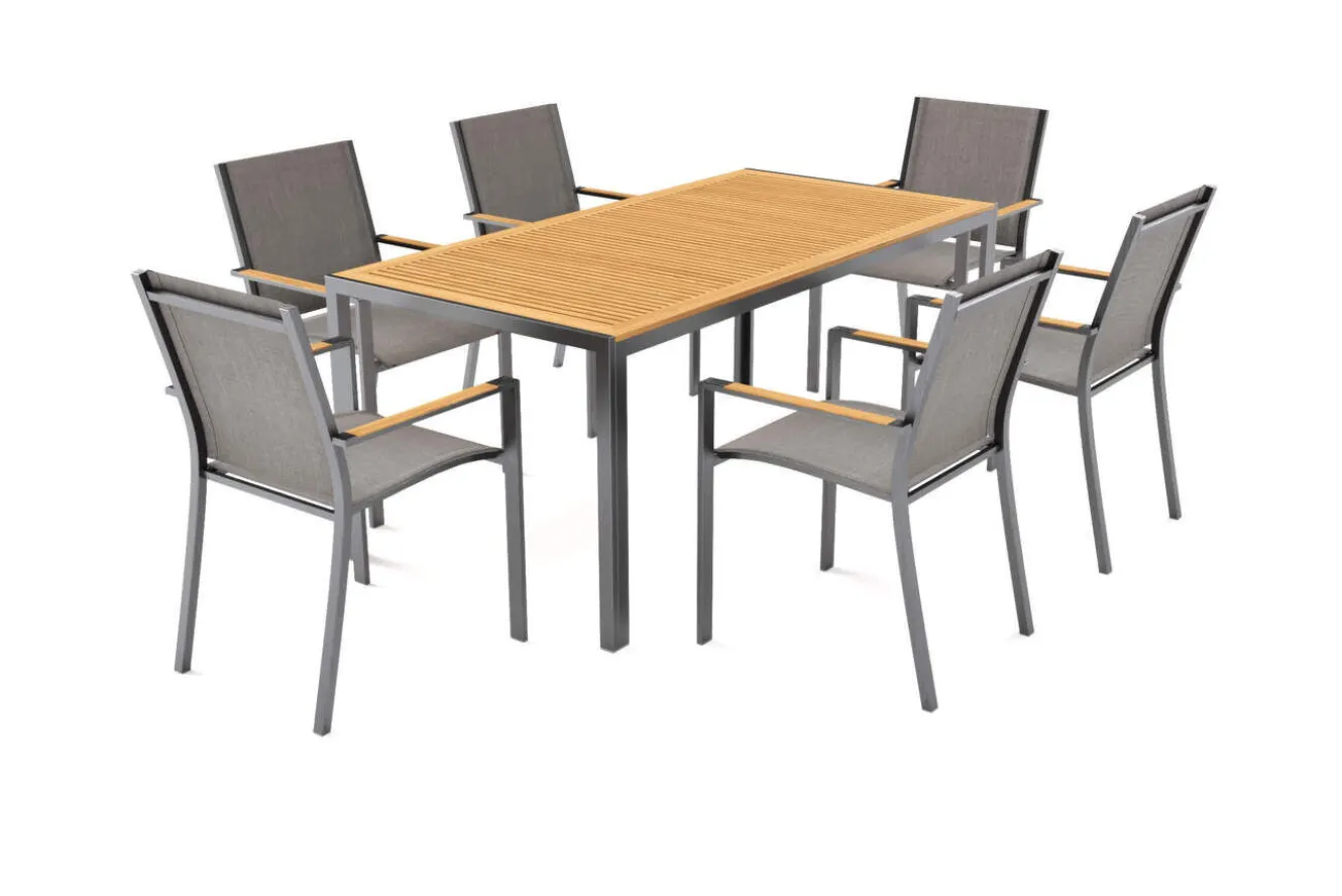 OUTFLEXX Glasgow Garten-Essgruppe für 6 Personen, schwarz/natur, Edelstahl/Textilene, 180 x 90 cm, stapelbar, FSC®-zertifiziertes Produkt