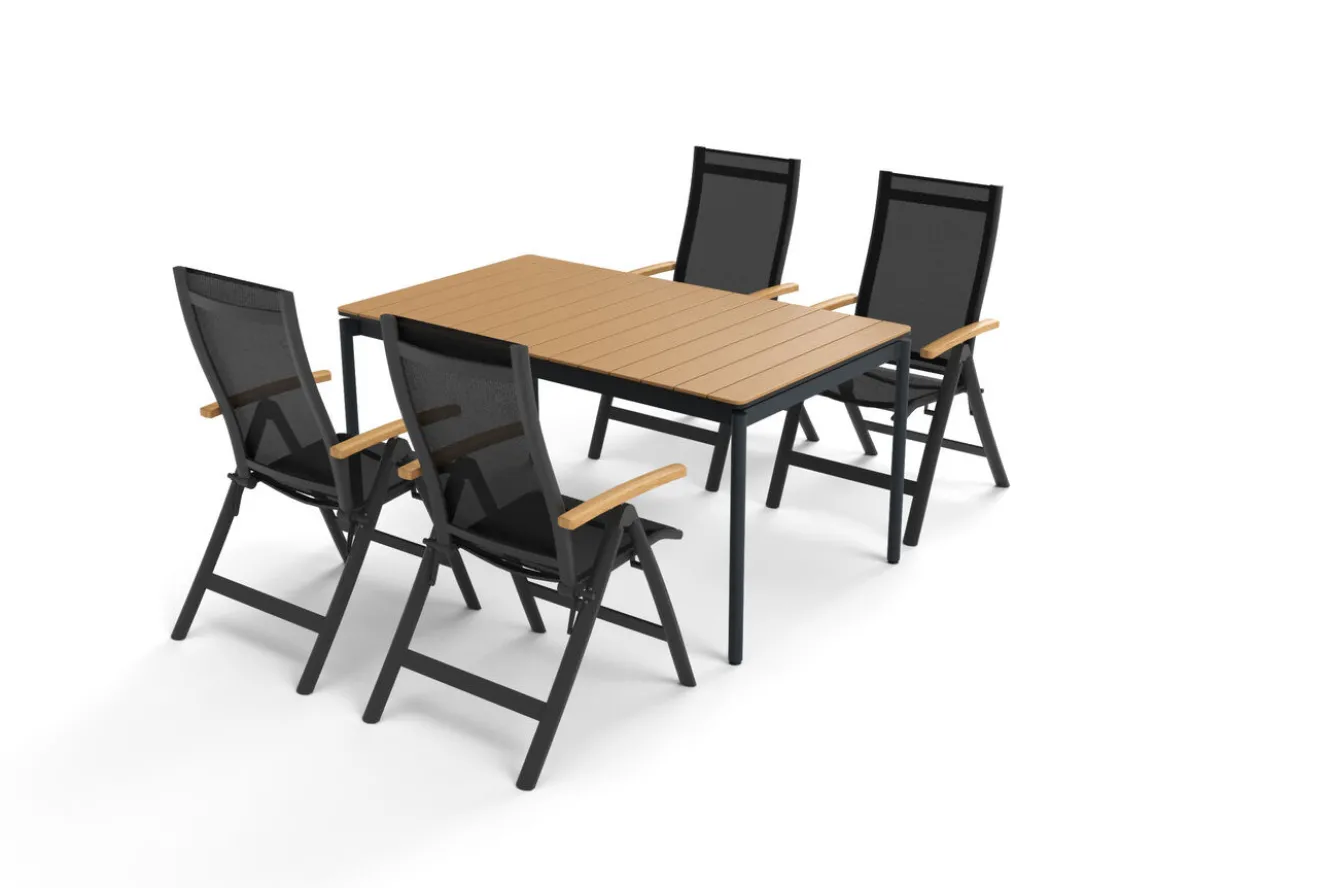 OUTFLEXX Glasgow Garten-Essgruppe für 4 Personen, anthrazit matt/natur, Alu/Edelstahl, klappbar, pulverbeschichtet