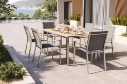 OUTFLEXX Glasgow Garten-Essgruppe mit 6 Sesseln, schwarz/natur, Edelstahl/Textilene, Esstisch 200 x 90 cm, stapelbare Sessel, FSC®-zertifiziertes Produkt