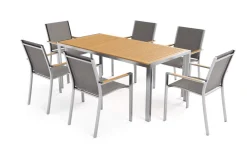 OUTFLEXX Glasgow Garten-Essgruppe mit 6 Sesseln, schwarz/natur, Edelstahl/Textilene, Esstisch 200 x 90 cm, stapelbare Sessel, FSC®-zertifiziertes Produkt
