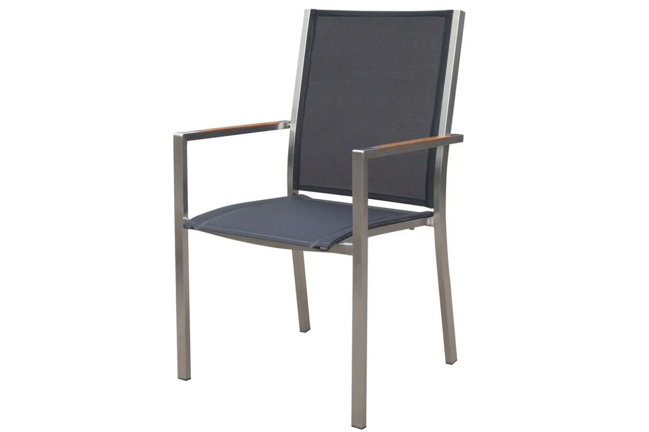 OUTFLEXX Glasgow Garten-Essgruppe mit 6 Sesseln, schwarz/natur, Edelstahl/Textilene, Esstisch 200 x 90 cm, stapelbare Sessel, FSC®-zertifiziertes Produkt