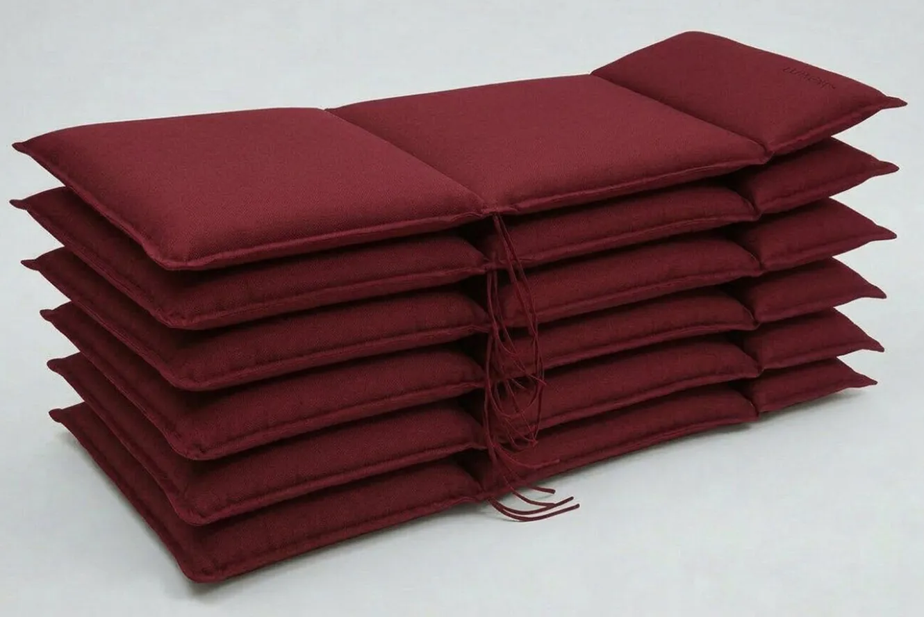 OUTFLEXX Green 6er-Set Sitzkissen für Hochlehner, bordeaux, recyceltes Polyester, hautsympathisch, mit Rückengurt und Bindekordeln