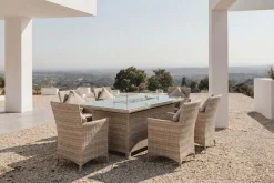 OUTFLEXX Ignacio Garten-Essgruppe mit 6 Sesseln, beige, Alu/Polyrattan, 200 x 100 cm, Tisch mit Feuerstelle
