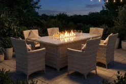 OUTFLEXX Ignacio Garten-Essgruppe mit 6 Sesseln, beige, Alu/Polyrattan, 200 x 100 cm, Tisch mit Feuerstelle