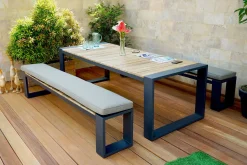 OUTFLEXX Kona Garten-Essgruppe, dark grey/natur, Alu/recyceltes Teak, Esstisch 240x100cm, 2x Bank 240x40cm, U-Gestell, FSC®-zertifiziertes Produkt