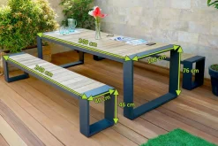 OUTFLEXX Kona Garten-Essgruppe, dark grey/natur, Alu/recyceltes Teak, Esstisch 240x100cm, 2x Bank 240x40cm, U-Gestell, FSC®-zertifiziertes Produkt