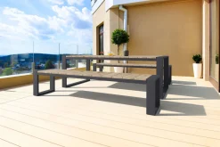 OUTFLEXX Kona Garten-Essgruppe, dark grey/natur, Alu/recyceltes Teak, Esstisch 240x100cm, 2x Bank 240x40cm, U-Gestell, FSC®-zertifiziertes Produkt