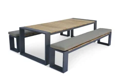 OUTFLEXX Kona Garten-Essgruppe, dark grey/natur, Alu/recyceltes Teak, Esstisch 240x100cm, 2x Bank 240x40cm, U-Gestell, FSC®-zertifiziertes Produkt