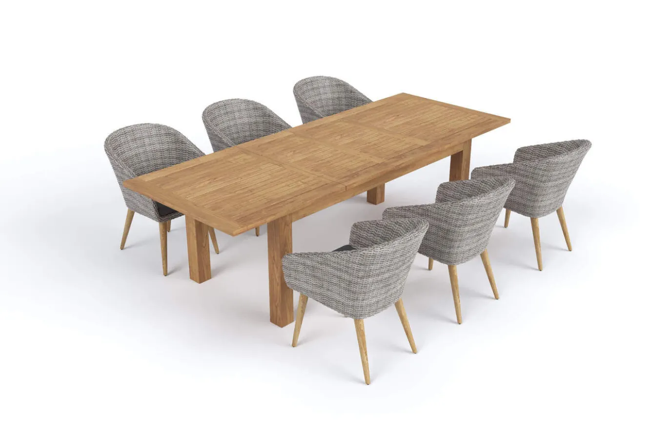 OUTFLEXX Kota Garten-Essgruppe, 6 Personen, ausziehbarer Tisch 180–260 cm, Akazie FSC®-zertifiziert/Polyrattan