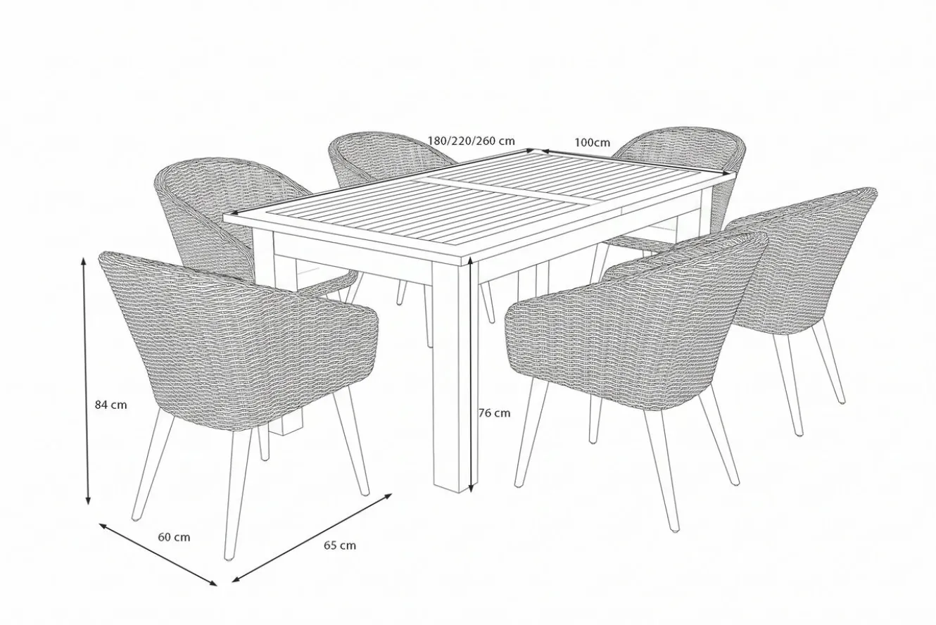 OUTFLEXX Kota Garten-Essgruppe, 6 Personen, ausziehbarer Tisch 180–260 cm, Akazie FSC®-zertifiziert/Polyrattan