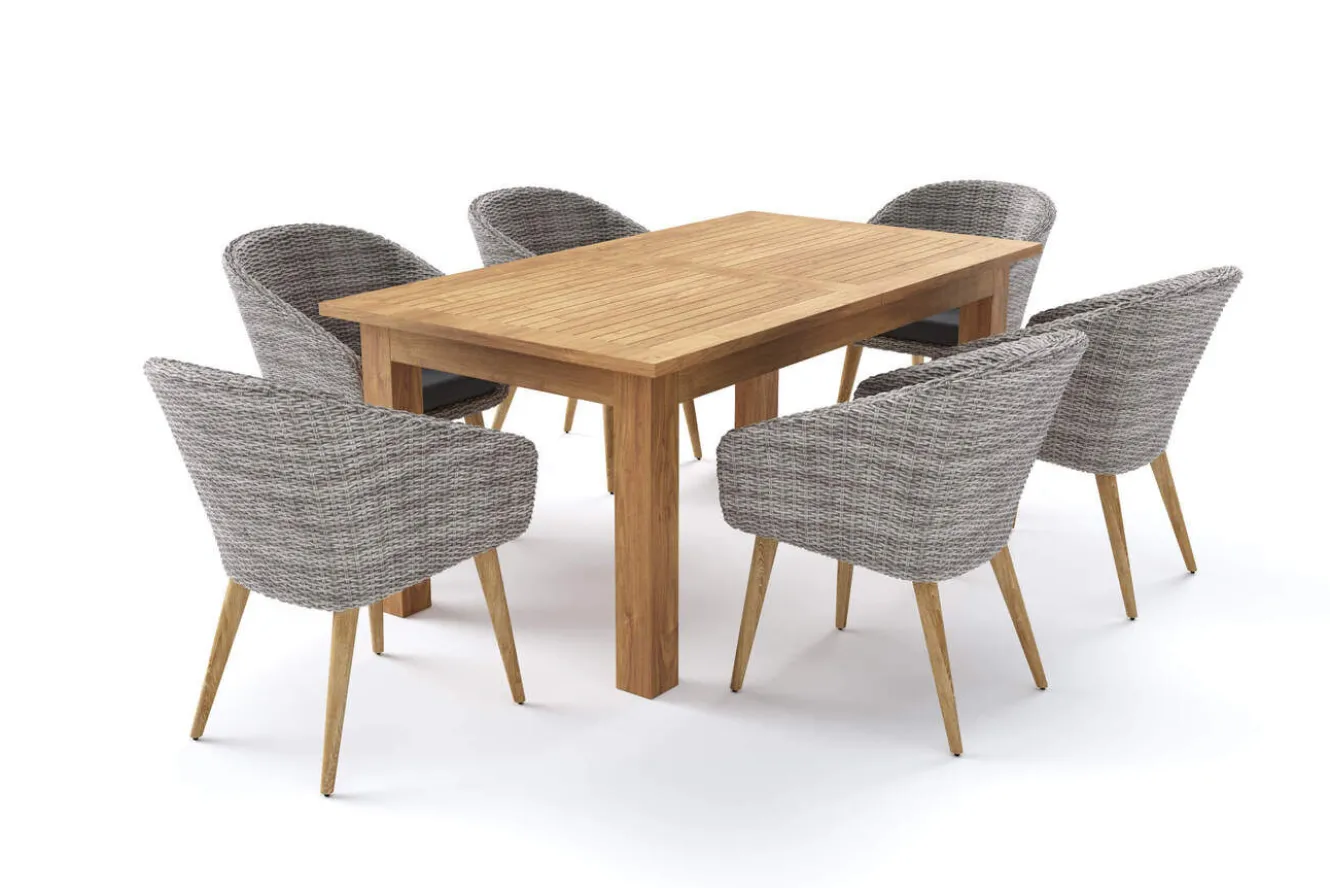 OUTFLEXX Kota Garten-Essgruppe, 6 Personen, ausziehbarer Tisch 180–260 cm, Akazie FSC®-zertifiziert/Polyrattan