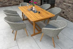 OUTFLEXX Kota Garten-Essgruppe, grau/natur, Akazie/Polyrattan/Alu, Ausziehbar, 180/240 x 100 cm Tisch, 6 Sessel, FSC®-zertifiziertes Produkt
